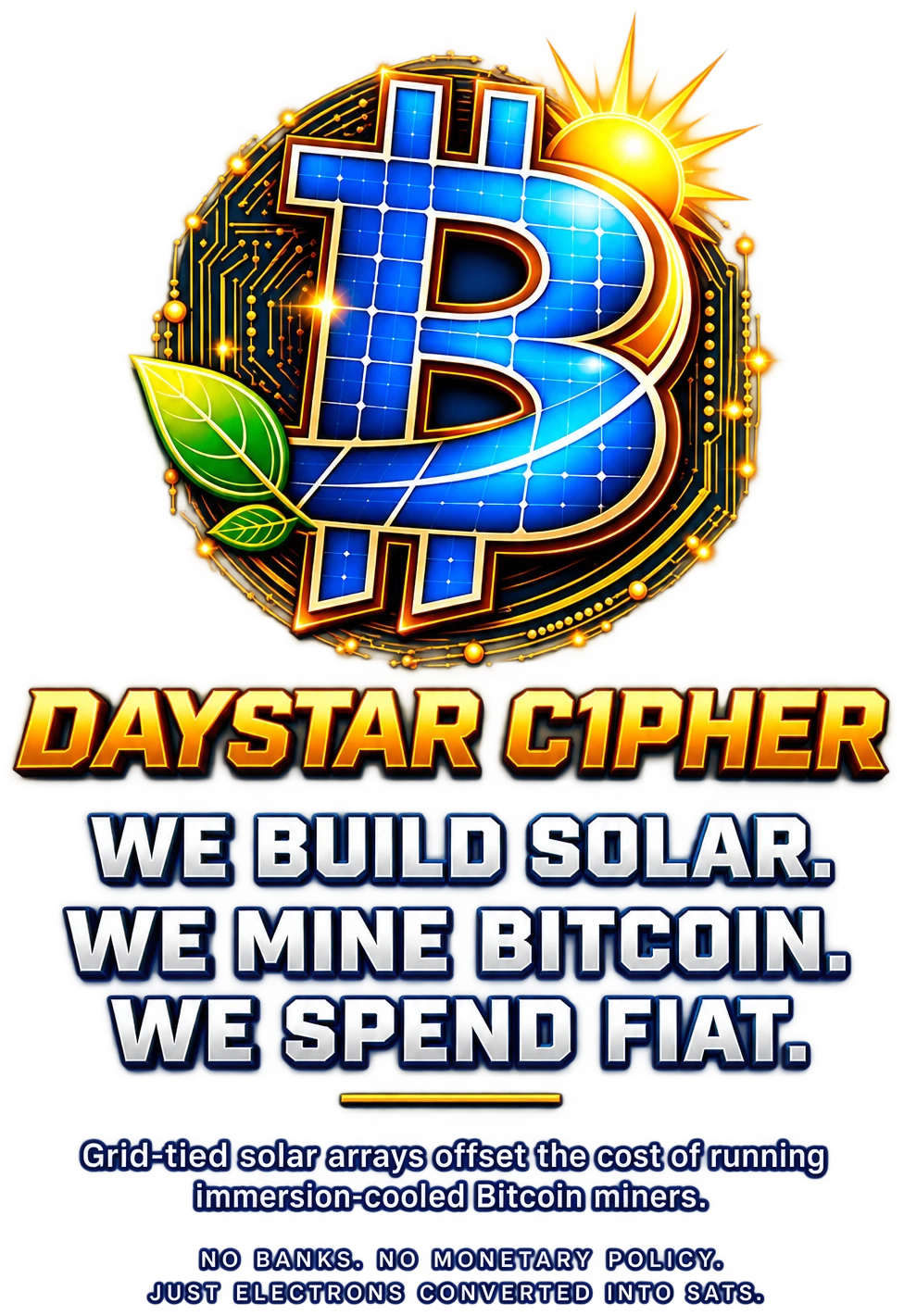 Daystar C1pher. We build solar. We mine Bitcoin. We spend fiat. Grid-tied solar arrays offset the cost of running immersion-cooled Bitcoin miners. No banks. No monetary policy. Just electrons converted into sats.